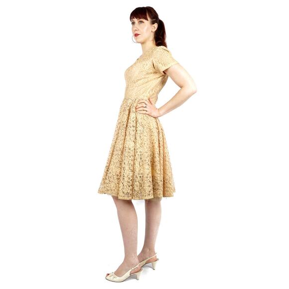 Vintage 1950s Gold Lace Circle Skirt Dress | Medium - Picture 4 of 5